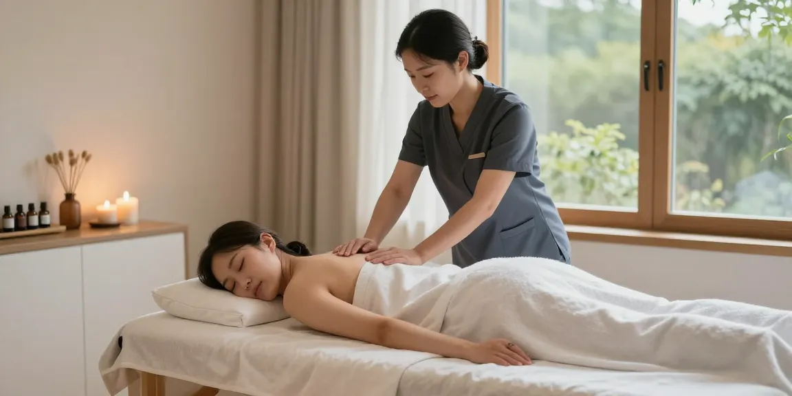 송파출장마사지 with a professional Korean therapist providing a relaxing massage in a serene home setting, promoting wellness and tranquility.