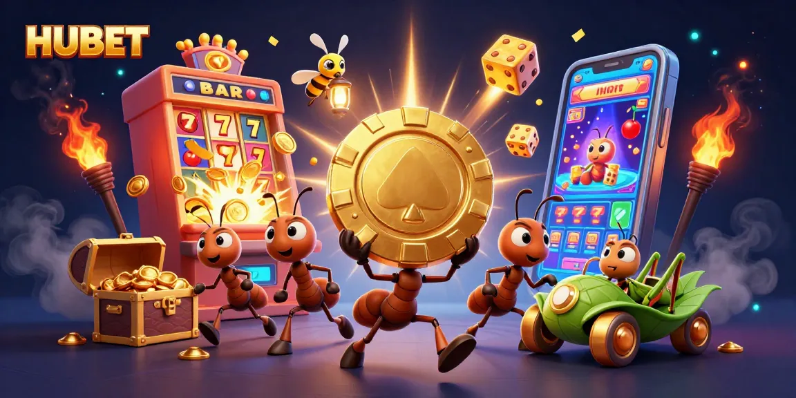 Engage with HUBET's thrilling casino experience as ants carry a giant chip in a 3D illustration.