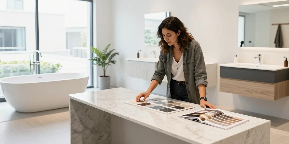 KingKonree's elegant solid surface products displayed in a modern bathroom showroom with a designer examining countertops.