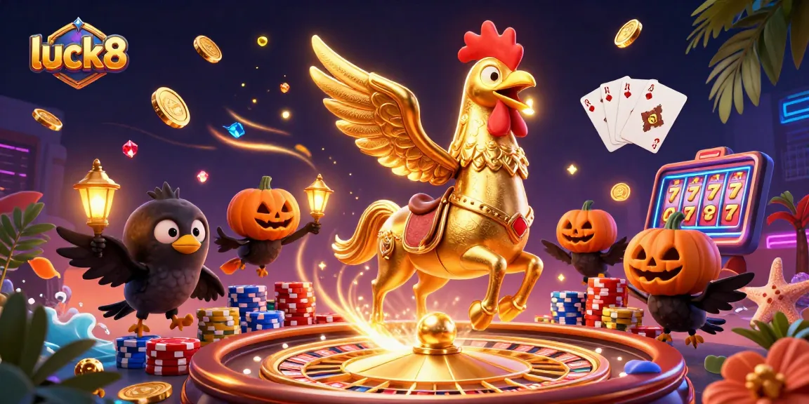 Experience thrilling gaming at luck8 with golden rooster and spooky elements illuminating the casino.
