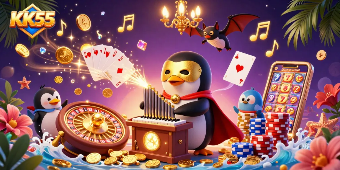 KK55 offers a vibrant scene with a penguin playing the organ amidst flying coins and gaming excitement.
