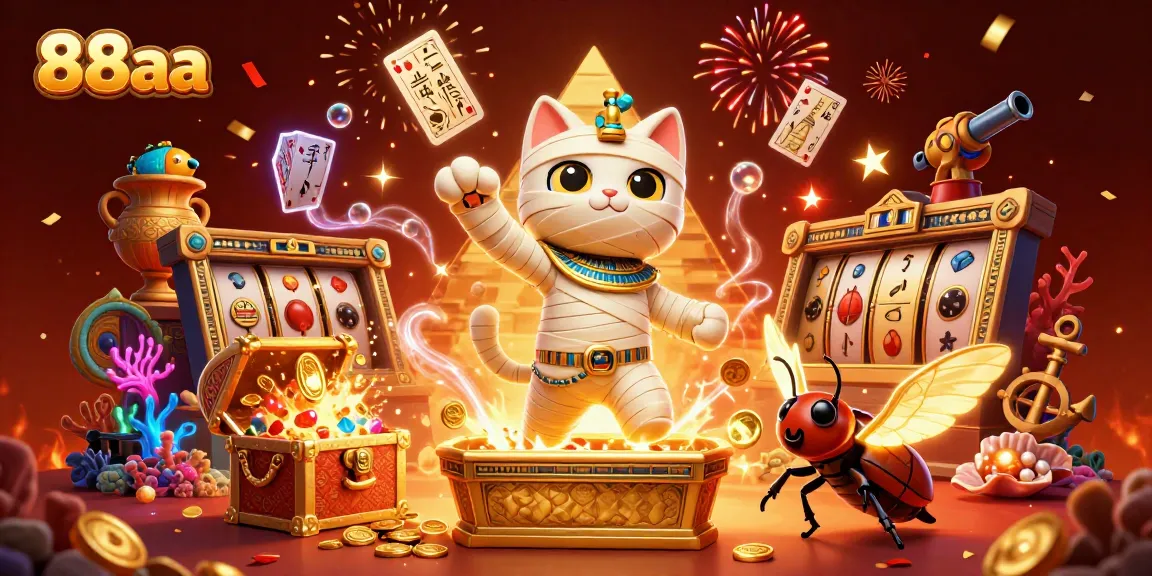 Engage with 88aa's thrilling gaming experience featuring a mummy cat and vibrant casino elements.