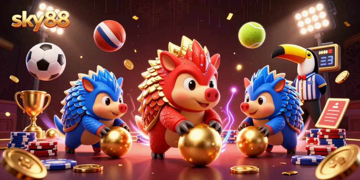 Compete with sky88 as pangolins bowl through poker chips and sports elements in an exciting casino scene.