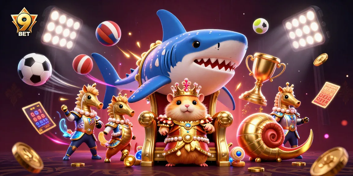 Bet on 9 BET with the golden hamster king surrounded by sports elements and dynamic energy.