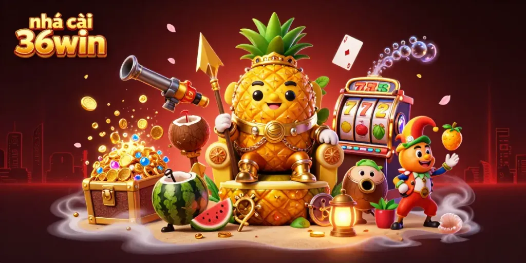 Experience the vibrant scene of Nhà cái 36win where a golden pineapple king presides over a lively casino beach filled with treasures.
