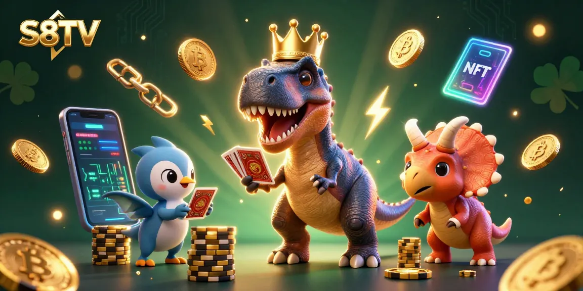 S8TV delivers an engaging scene of a T-Rex shuffling cards while a triceratops stacks chips, in a vibrant casino atmosphere.