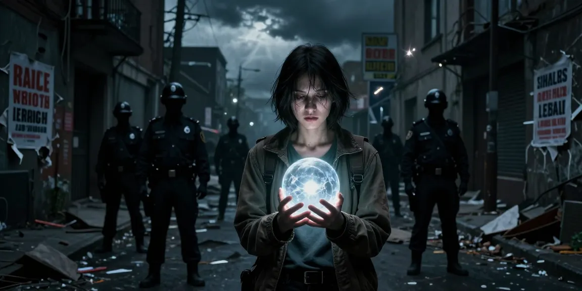 Dystopian fiction scene depicting a young woman holding a glowing orb symbolizing captured emotions against a backdrop of oppression and urban decay.