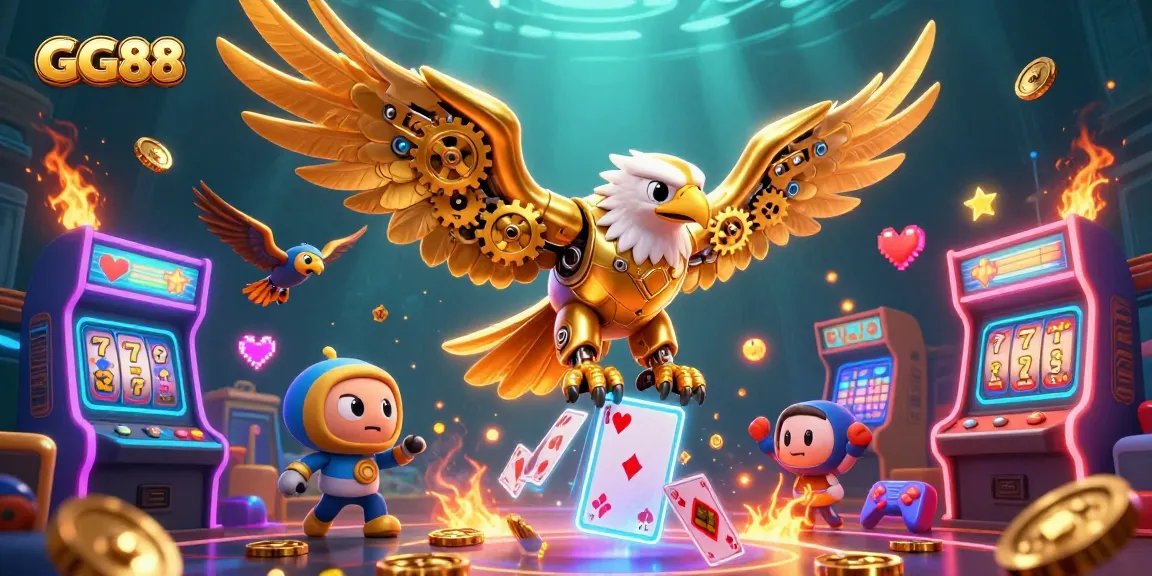 Experience the thrill of GG88 casino games with a stunning 3D illustration of golden eagle amidst a vibrant gaming landscape.