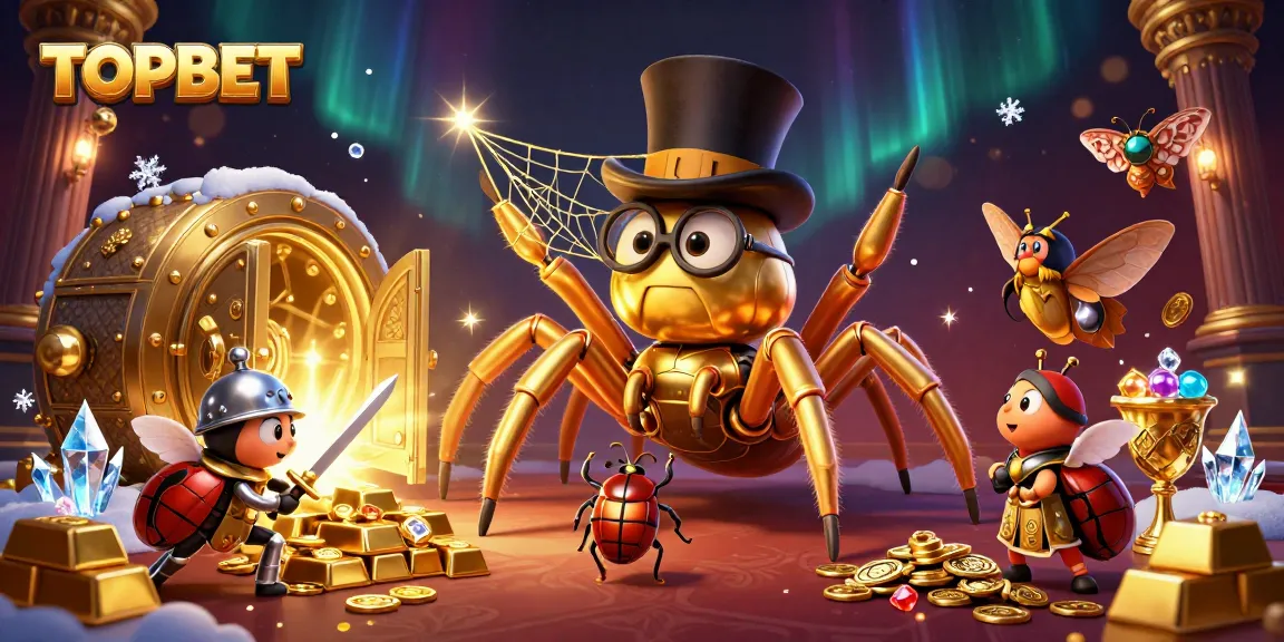 TOPBET offers an engaging scene with a golden tarantula, beetle knight, and treasure, perfect for casino excitement.