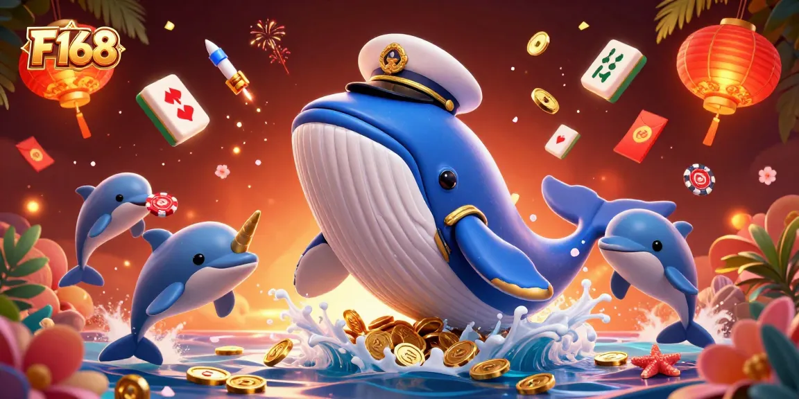 Engage with F168's thrilling games featuring a colorful scene of a cartoon whale and dolphins among coins and festive elements.