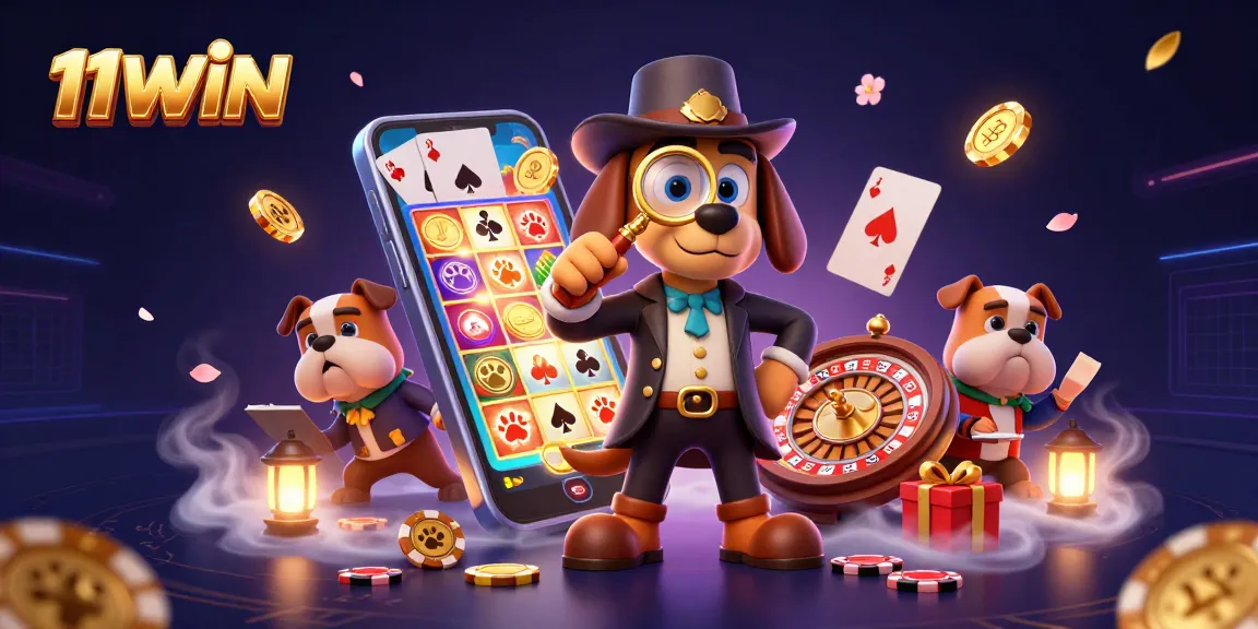 Engage with 11WIN's exciting casino adventure featuring a detective and his bulldog discovering treasures.