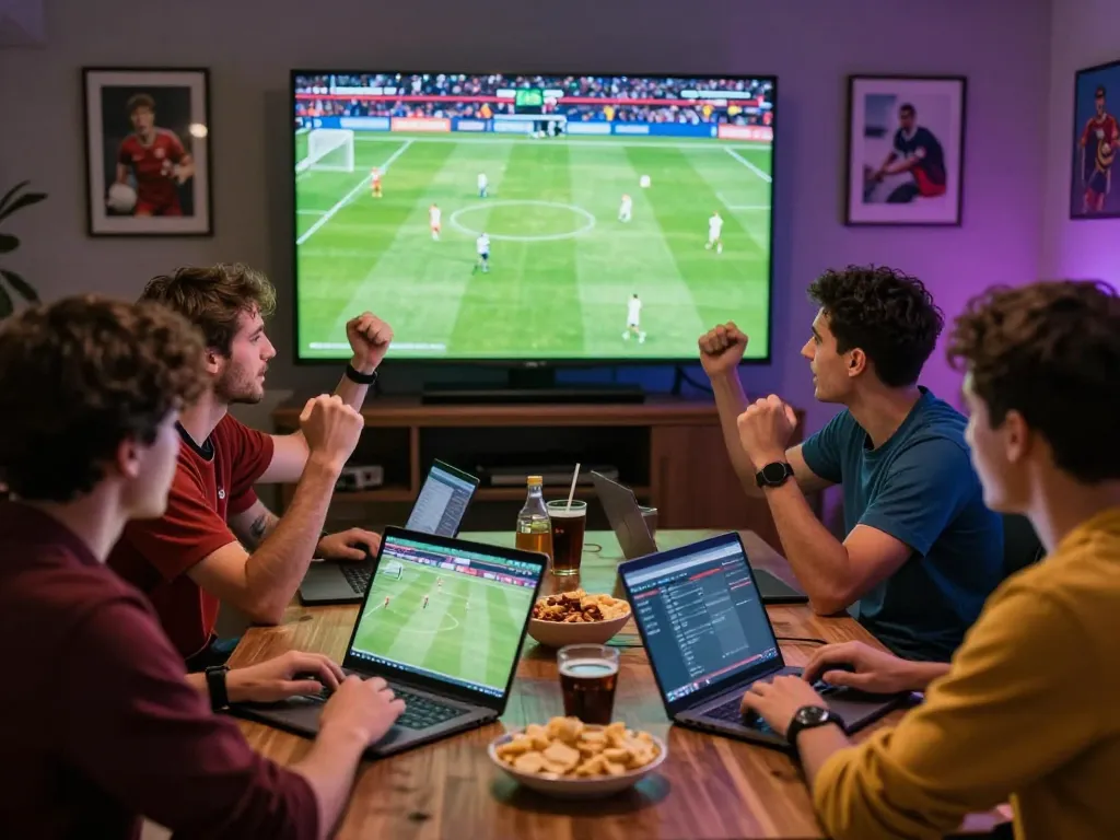 Exciting moment of online betting at https://okfun.onl/ with friends enjoying a live soccer match.