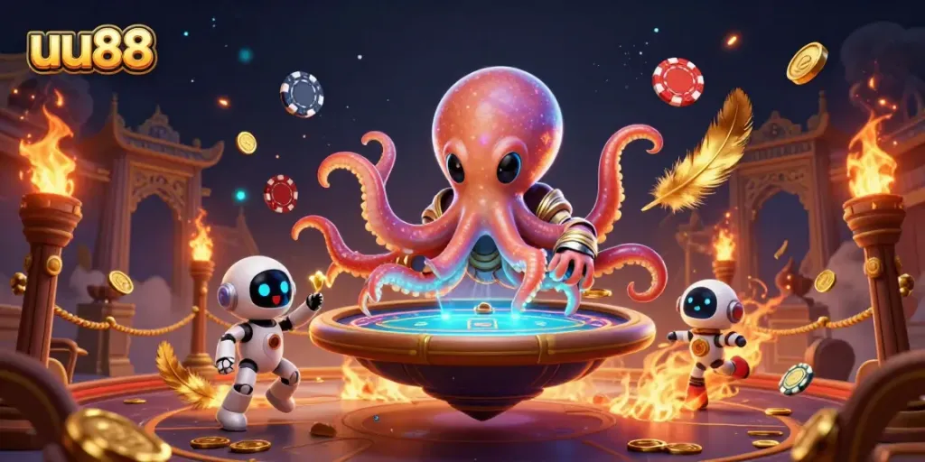 Get ready to play at uu88, featuring a cosmic octopus and robot at a holographic poker table.