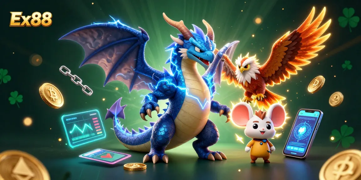Experience the excitement of Ex88 casino gaming, surrounded by dynamic characters and vibrant crypto elements.