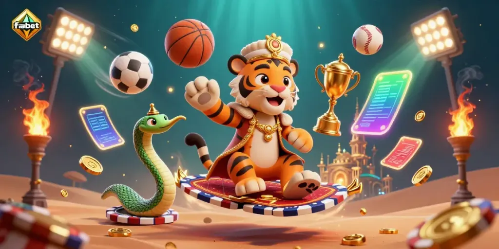 Experience the thrill of betting with fabet as vibrant sports elements surround an Arabian Nights-themed sultan in a dynamic casino scene.