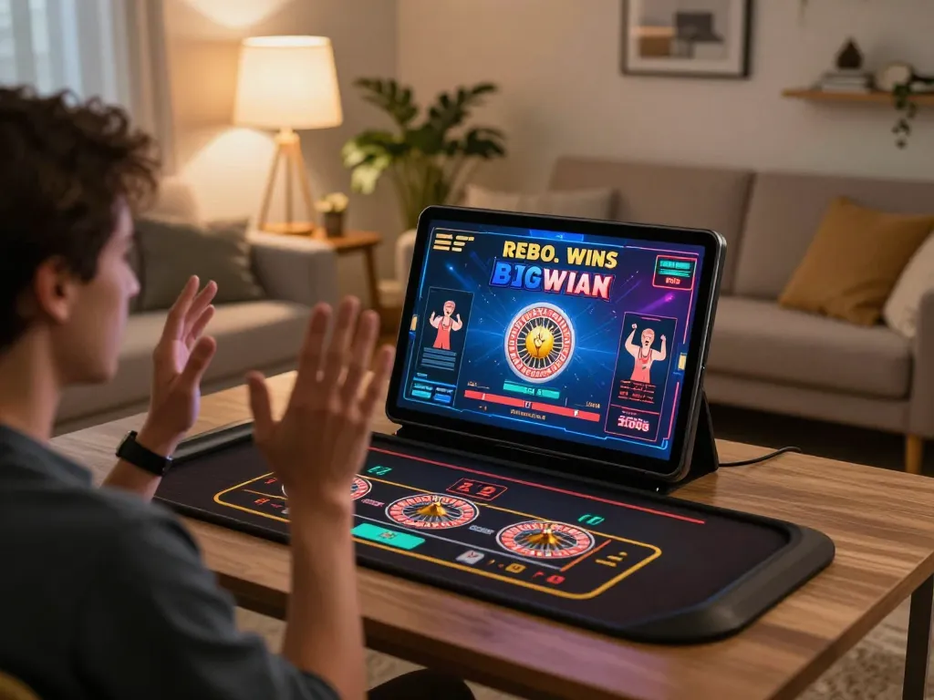 Player enjoying RR88 online roulette game on tablet, celebrating wins with excitement and joy.