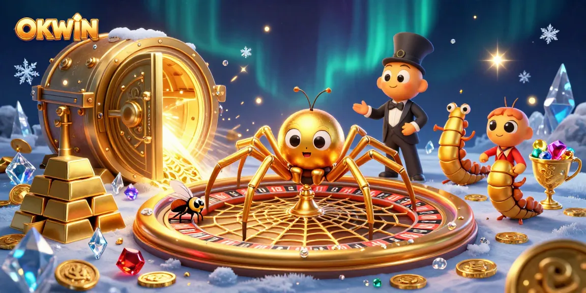 Engage with OKWIN's thrilling roulette experience featuring a golden spider and a centipede croupier.