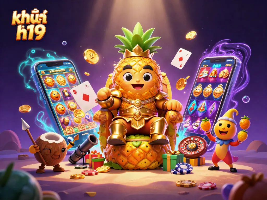 Engage with khuyến mãi h19 through casino-themed vibrant illustration featuring characters and gaming elements.