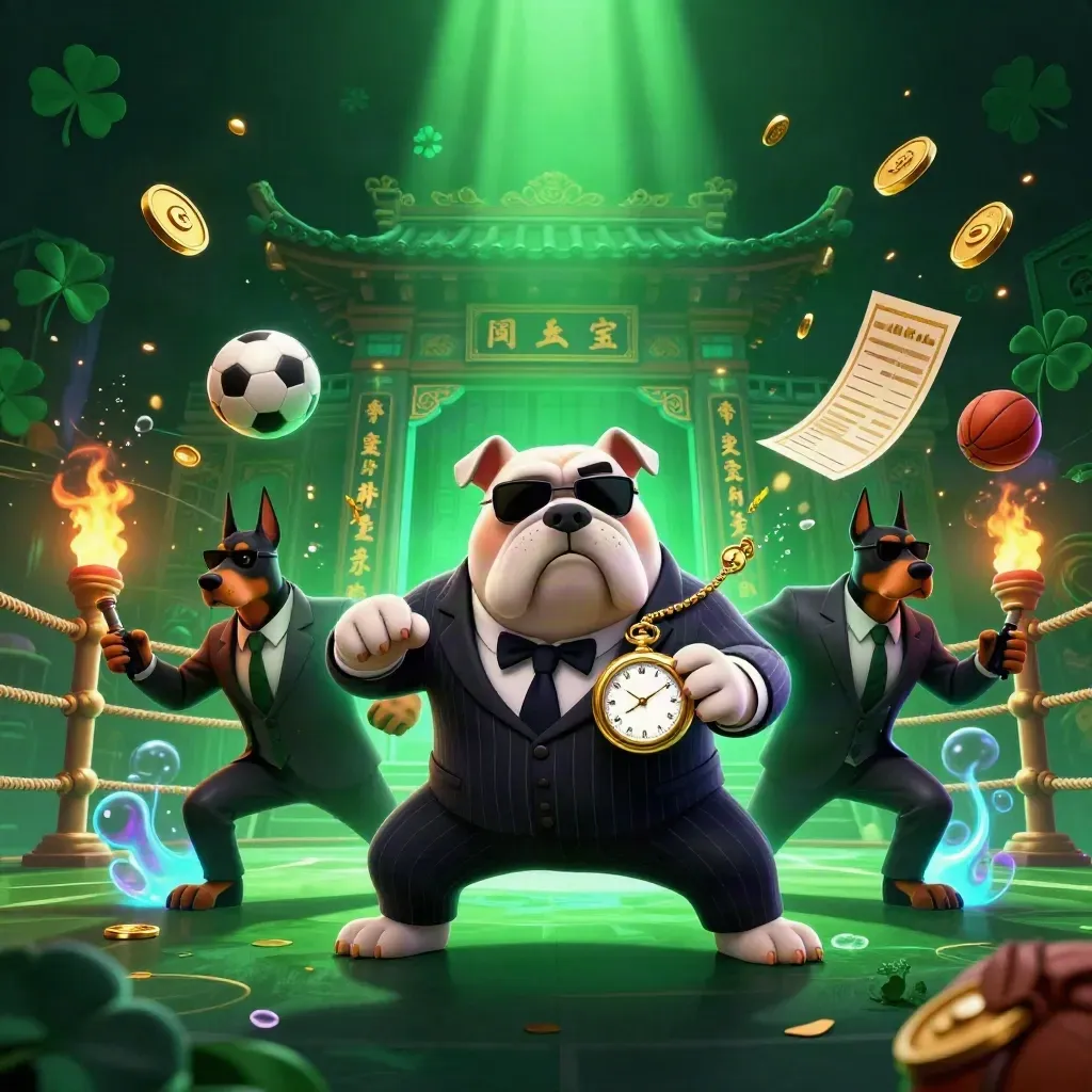 Bulldog boss and two Dobermans amid neon gold, temple gate, and sports props.