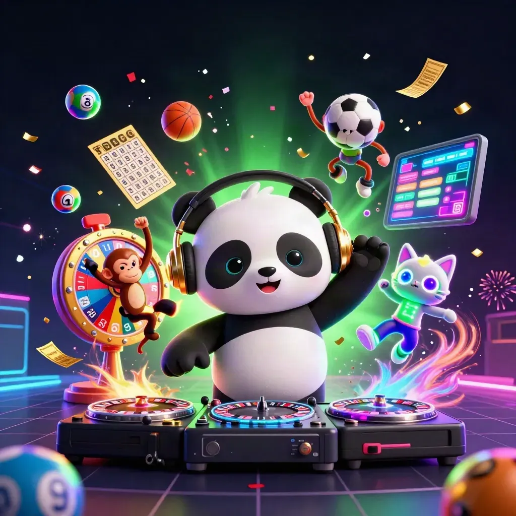 Neon casino scene with panda DJ, monkey, kitten, and flying sports balls