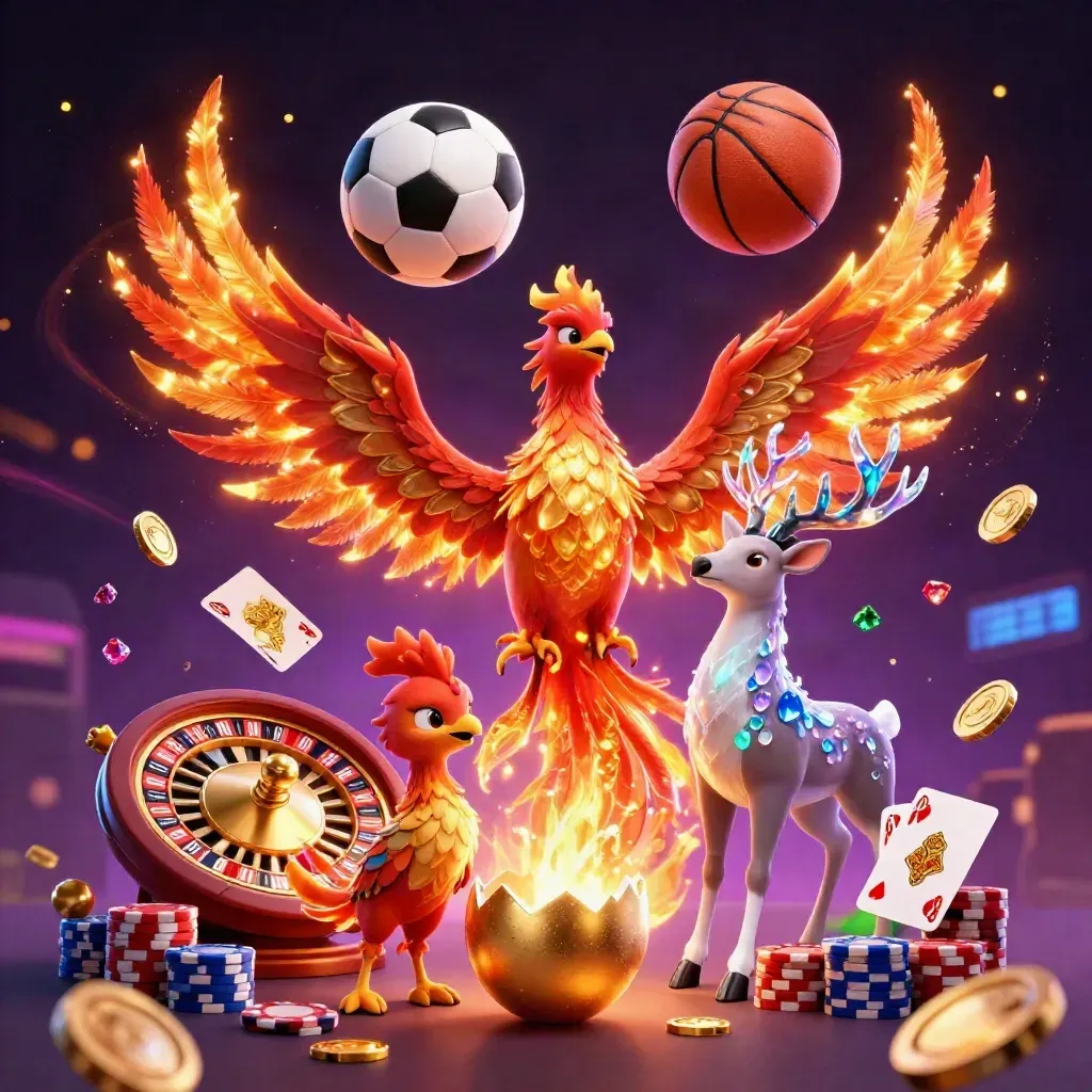Phoenix, stag and baby phoenix burst amid casino chips, coins and sports balls in neon light.