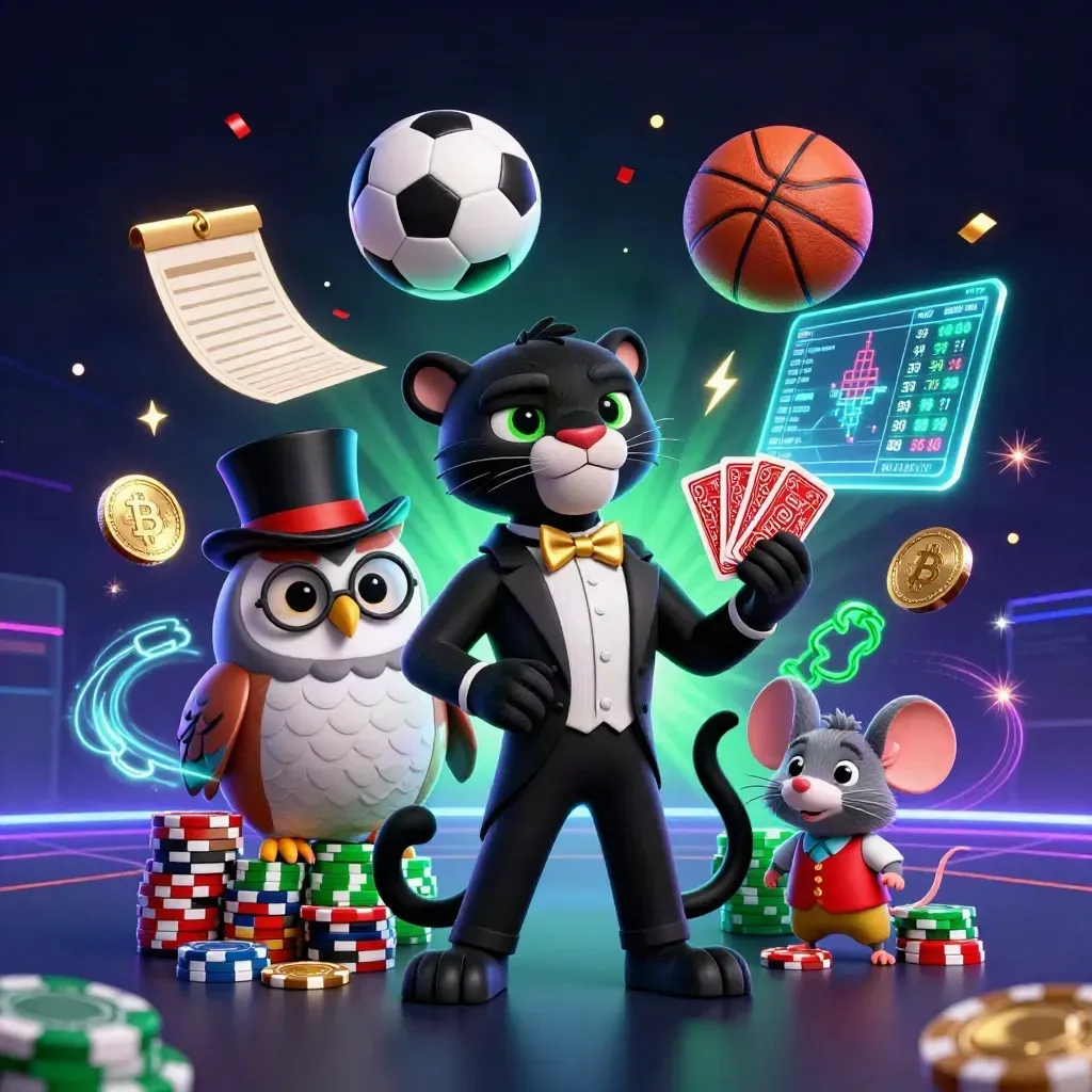 Panther, owl, and mouse amid floating coins, chips, balls, lightning, and neon casino effects.