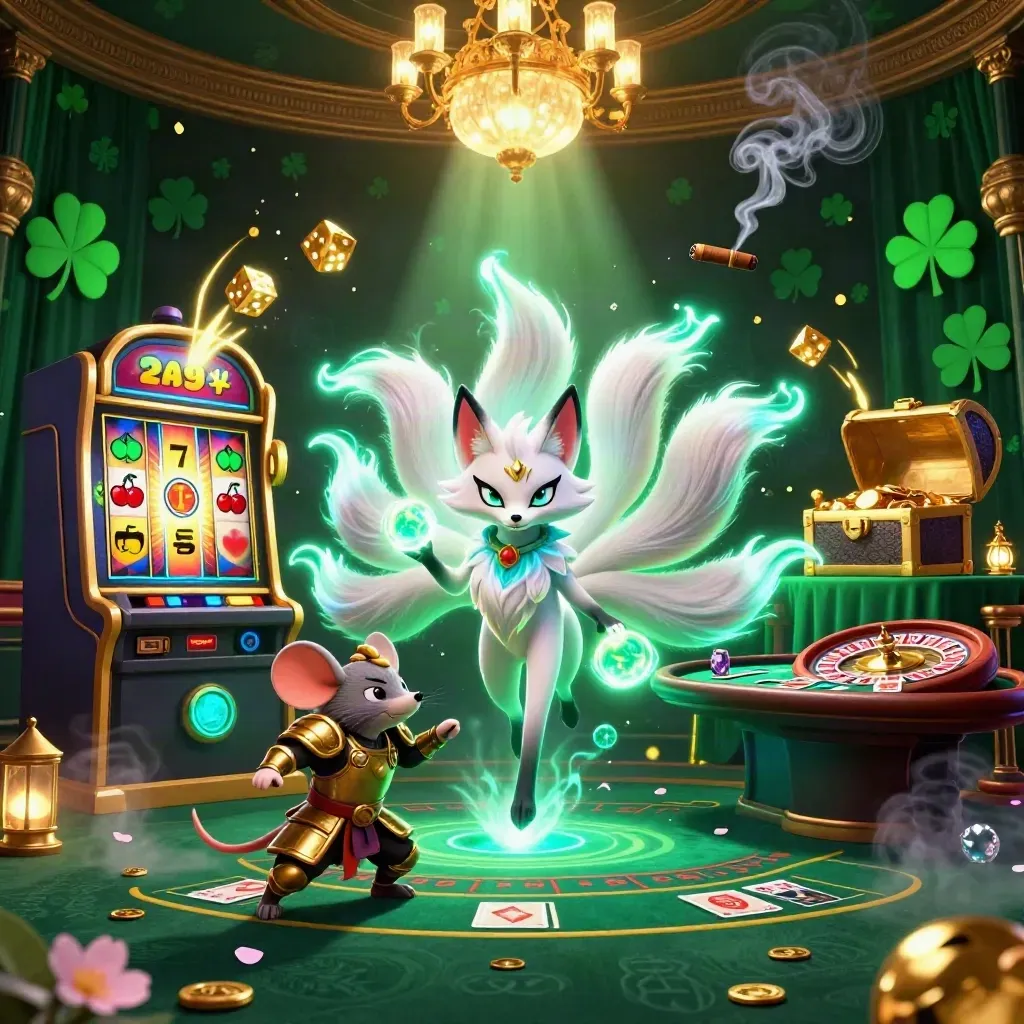 Fox spirit and armored mouse amid slot machine, gold, and casino magic in a neon room.