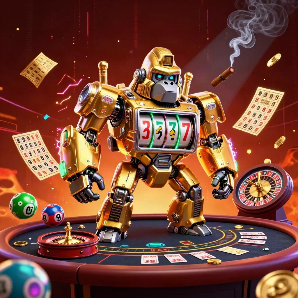 Golden gorilla mech and tiny monkey pilot amid casino props, embers, neon streaks, brass luxury