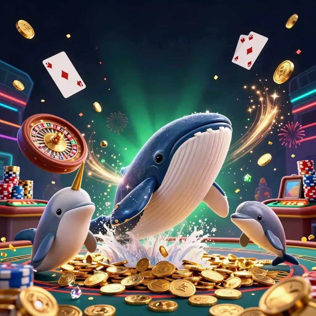Whale captain, narwhal and dolphins explode through coins, gems and glowing casino lights.