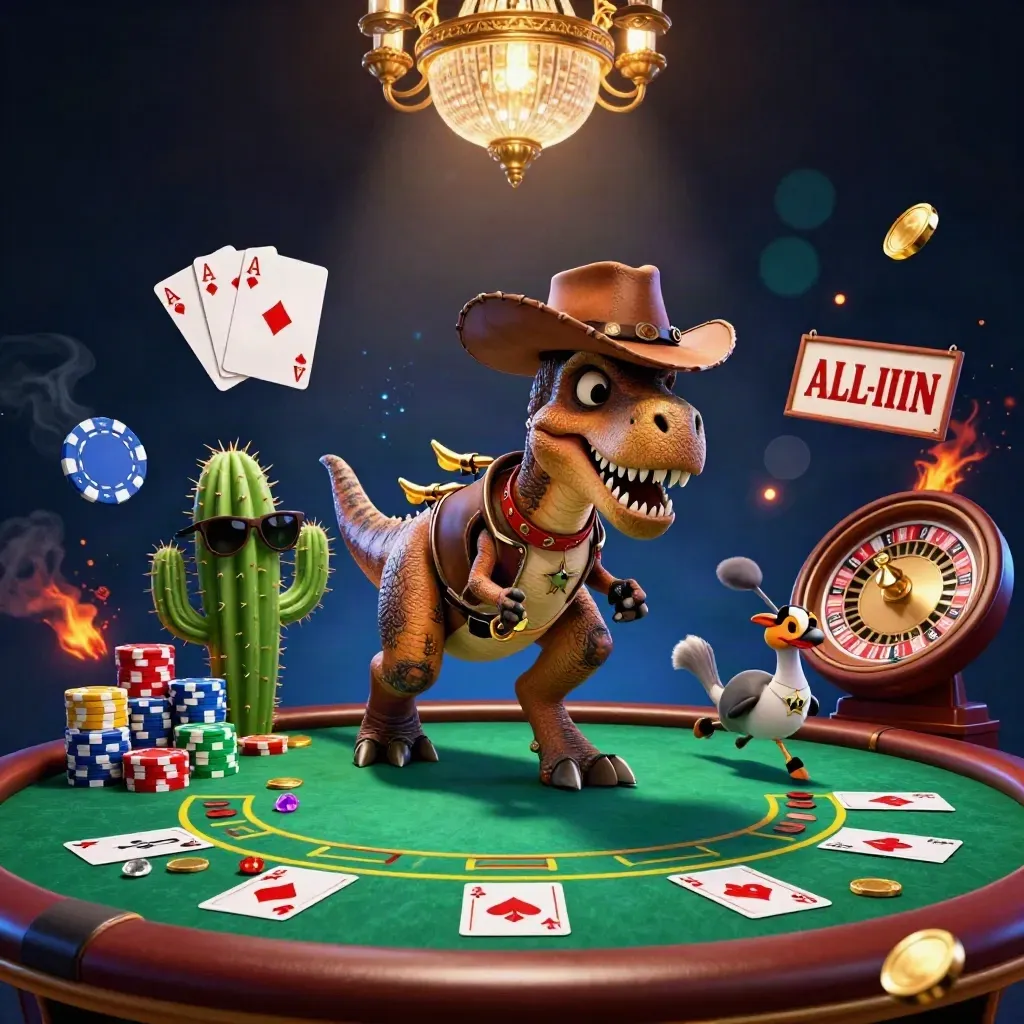 Cowboy T-Rex, cactus sidekick and roadrunner in a neon casino with chips, cards and smoke