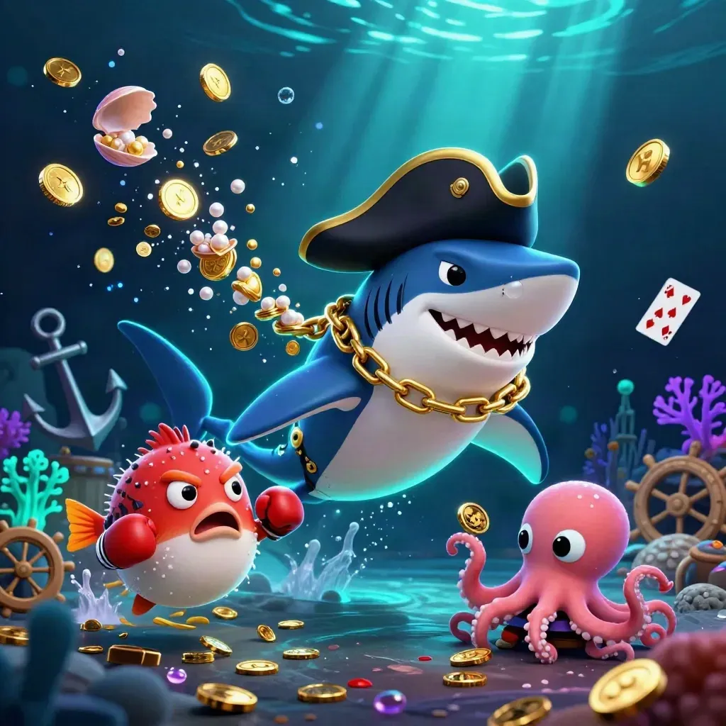 Pirate shark, boxing pufferfish, and coin-juggling octopus in a glowing underwater treasure cove.