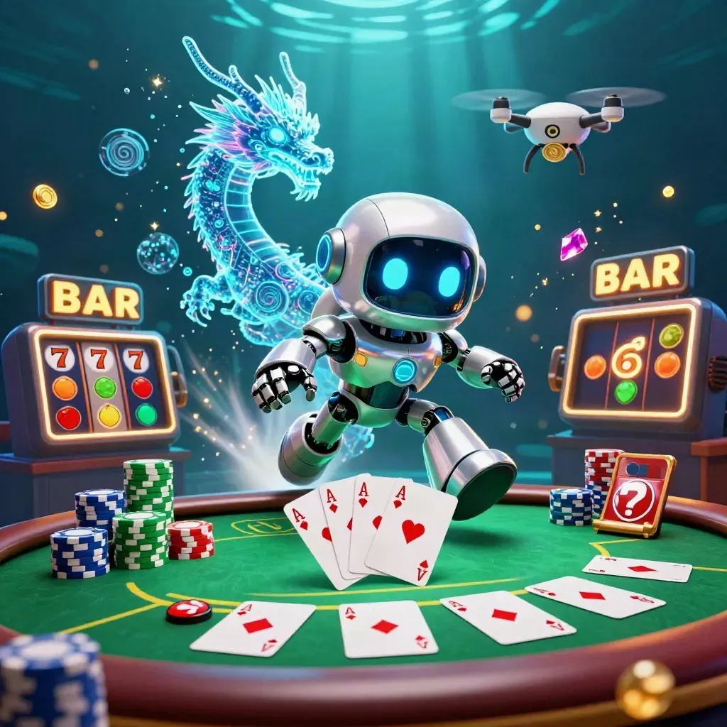 Cyberpunk robot, holographic dragon and coin drone bursting above poker chips underwater