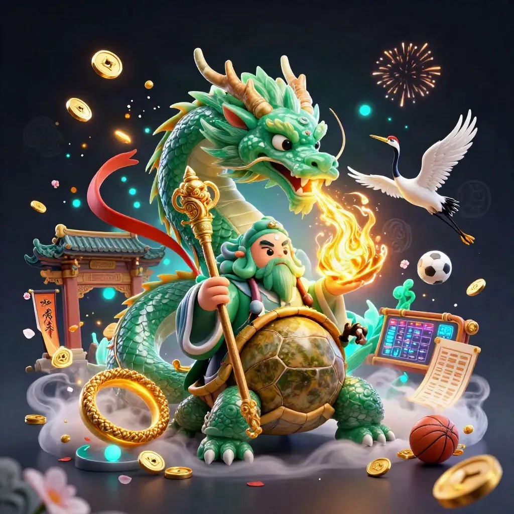 Emerald dragon, turtle sage, and cranes amid gold coins, fireworks, and casino magic.