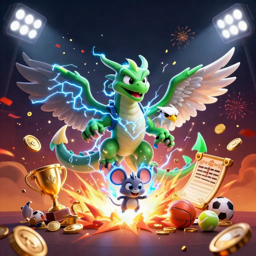 Thunder dragon, wind hawk, and static mouse amid coins, sports balls, fireworks, and a vault blast.