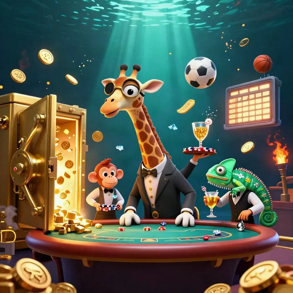 Giraffe, monkey, and chameleon celebrating a vault burst with casino treasure and sports props.