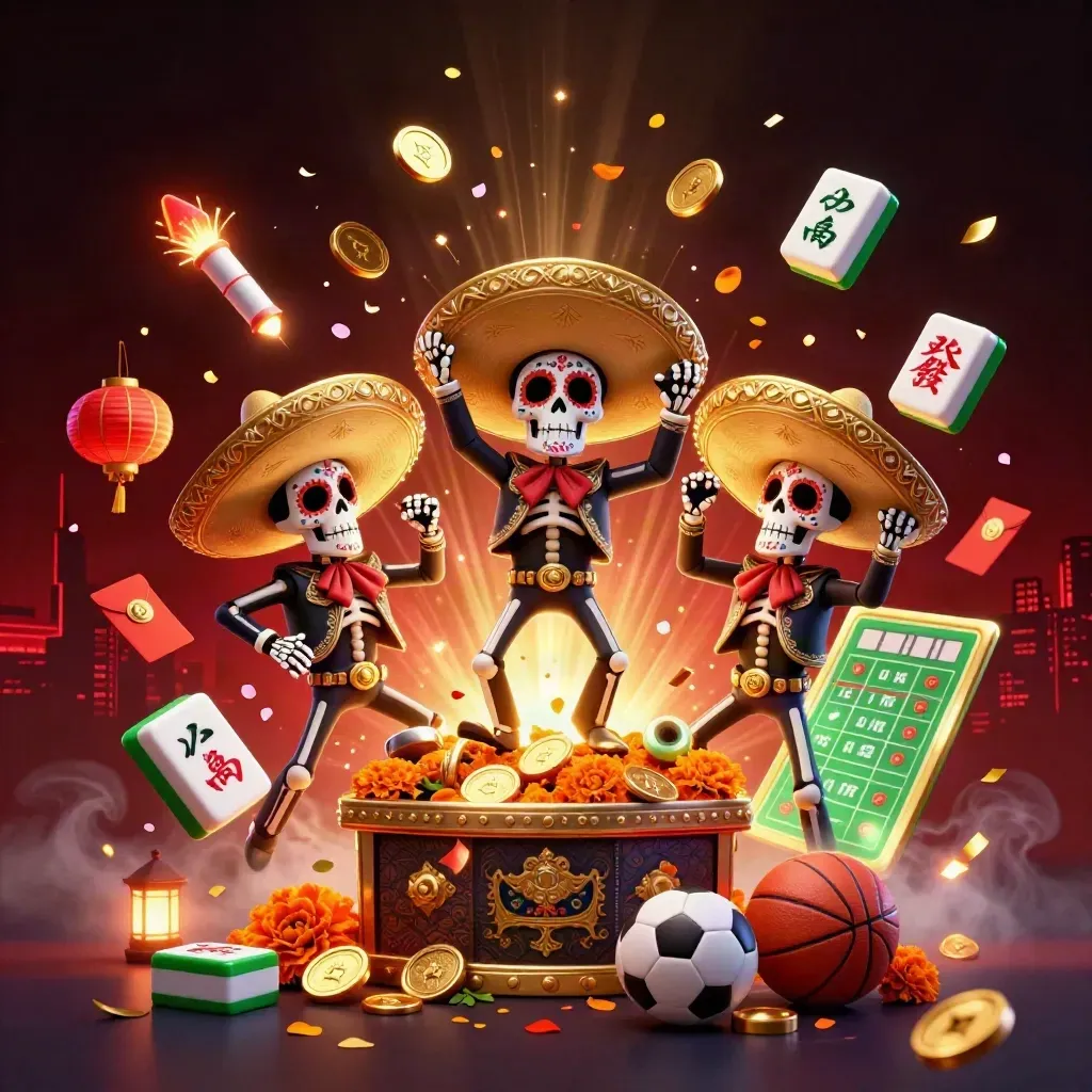 Skeleton mariachi trio amid bursting coins, lanterns, petals, and sports-bet props in neon casino glow