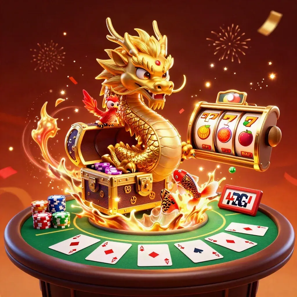 Golden dragon, phoenix and koi amid casino chips, cards and glowing slot reels in a fiery neon scene.