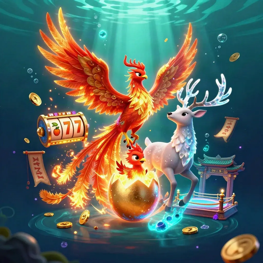Phoenix, baby phoenix, and crystal stag amid casino symbols in a neon underwater fantasy scene.