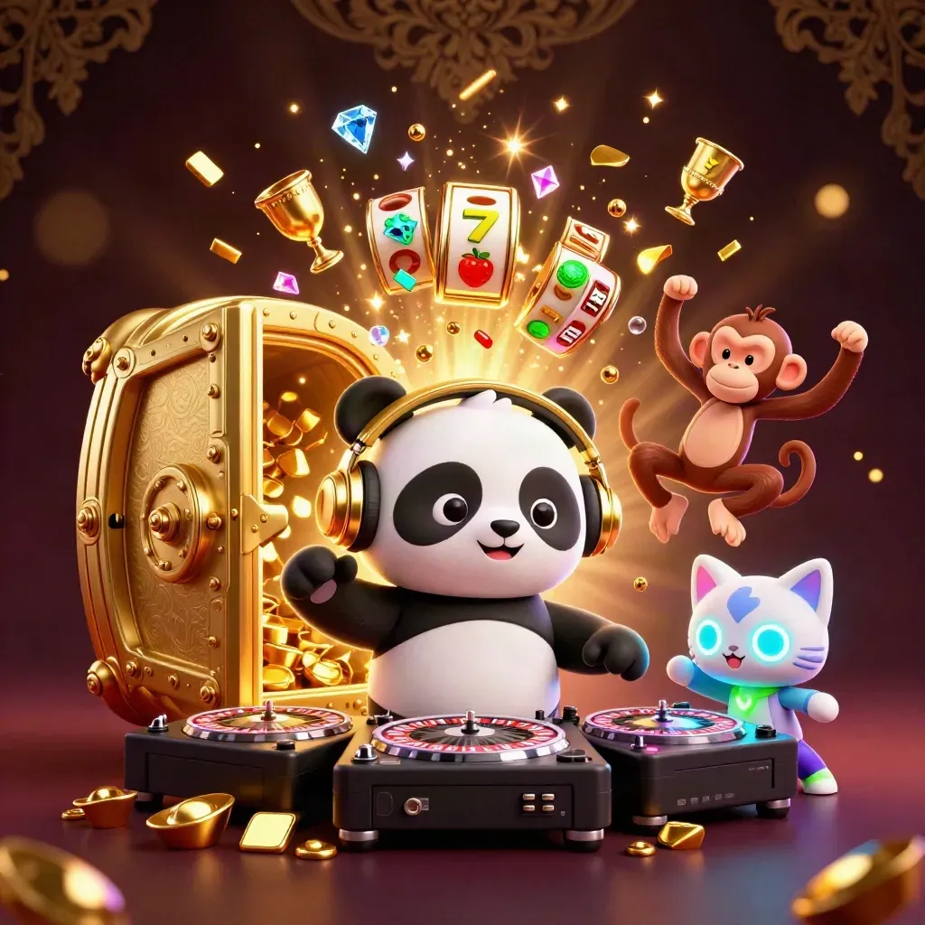 Panda DJ, dancing monkey, and rave kitten with a vault door and casino treasure burst open.