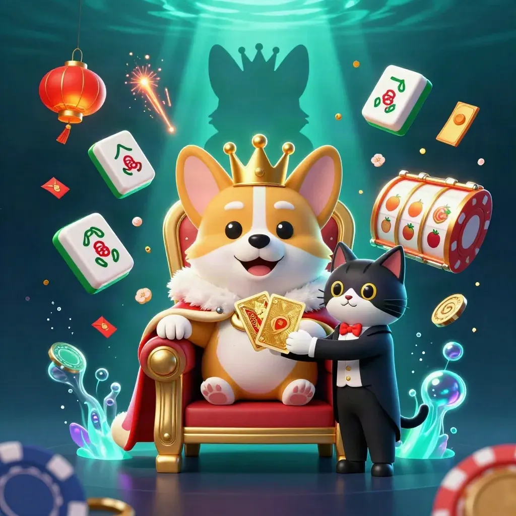 Crowned corgi and cat butler amid poker chips, lanterns, coins, reels, and underwater neon glow.