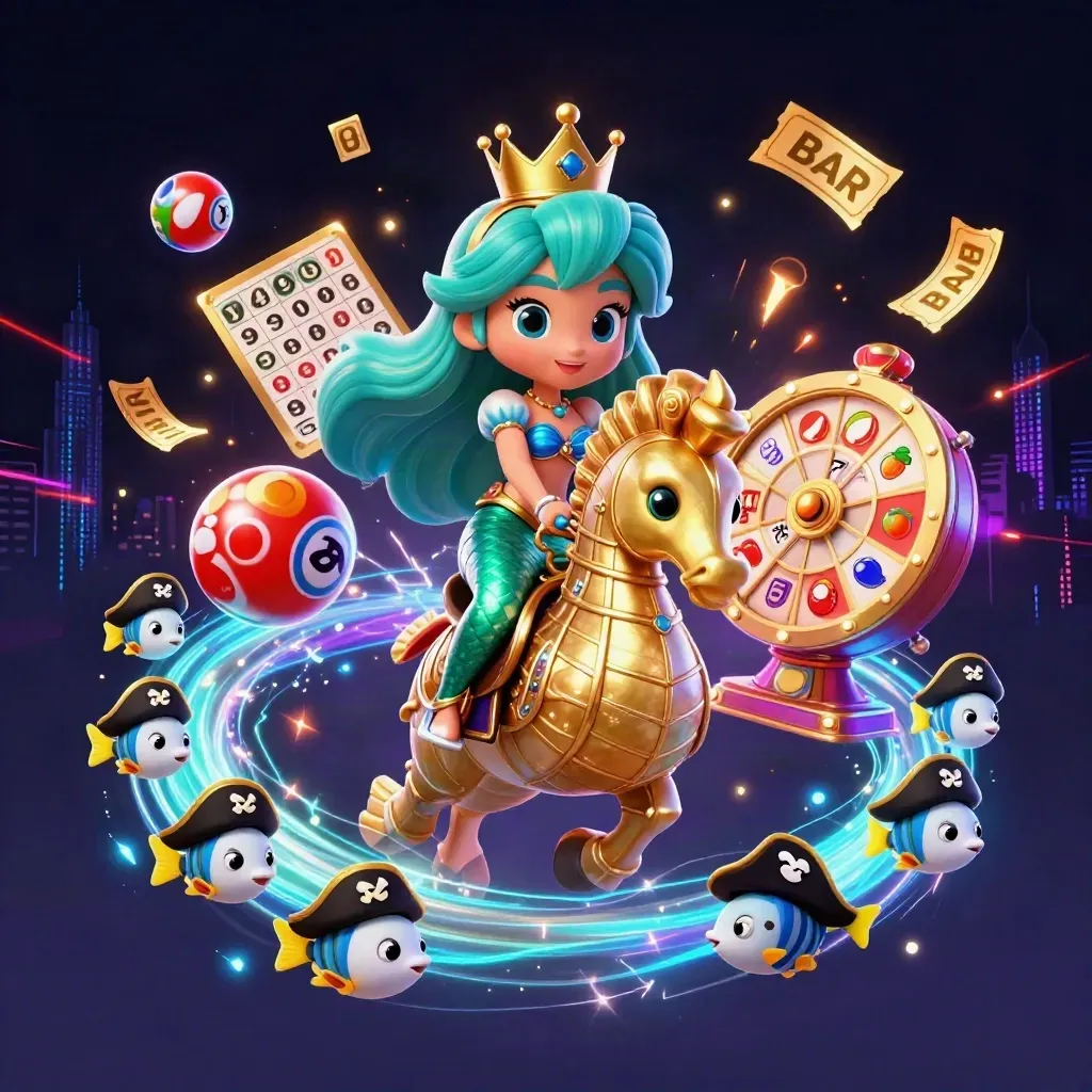 Mermaid princess on an armored seahorse, with pirate fish and casino symbols bursting around.