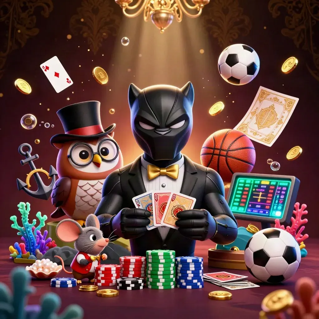 Panther, owl, and mouse in casino glamour amid coins, coral, cards, and neon sports props.