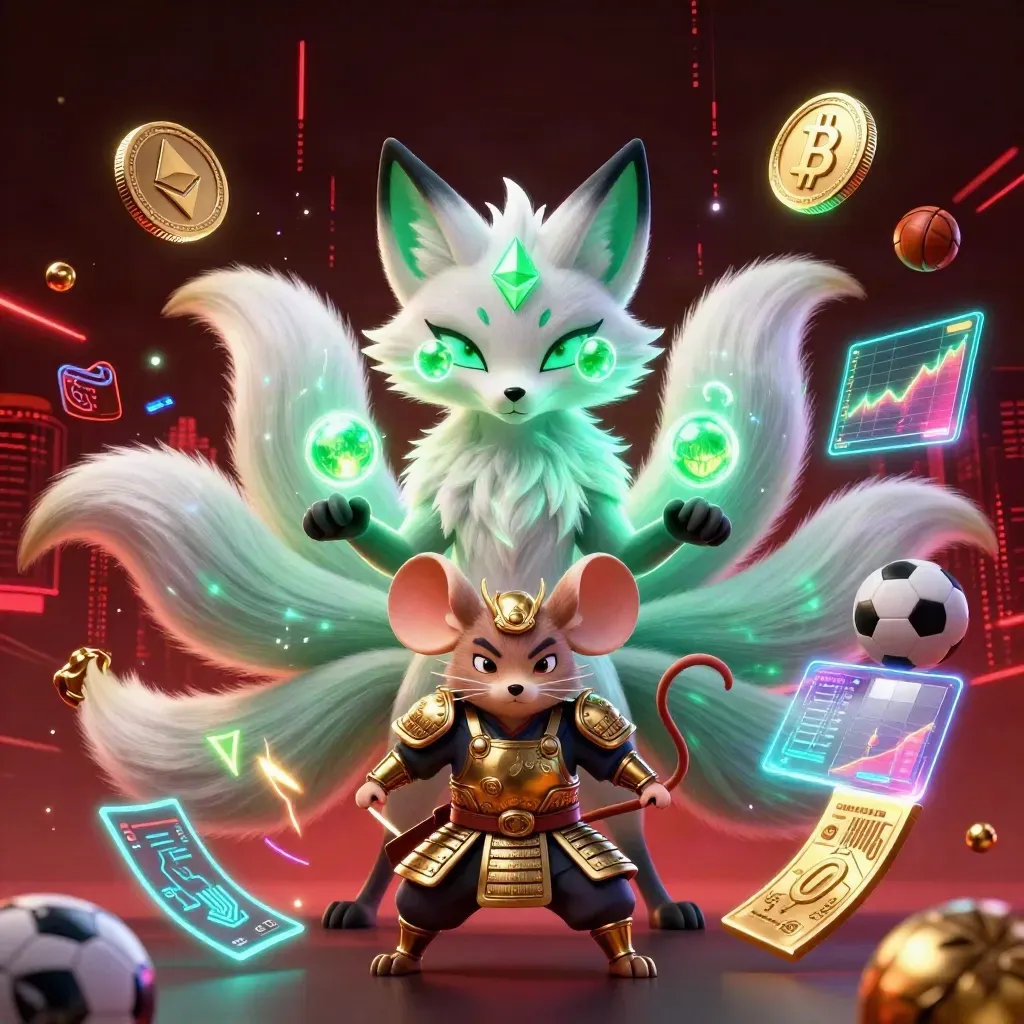 Nine-tailed neon fox and golden mouse amid casino coins, lightning, and sports icons