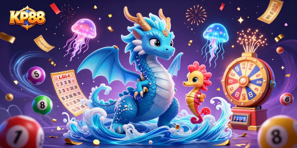 Experience thrilling gameplay with KP88 as a dragon, seahorse, and jellyfish celebrate lotto wins.