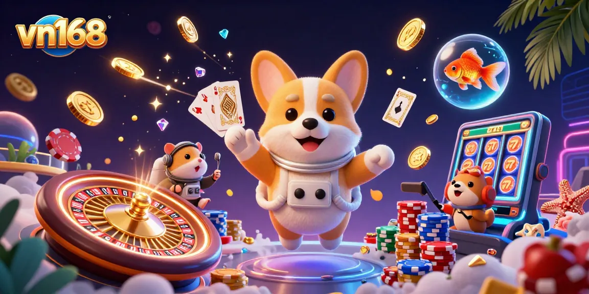Experience dynamic thrills at vn168 with a corgi astronaut in a vibrant casino scene.