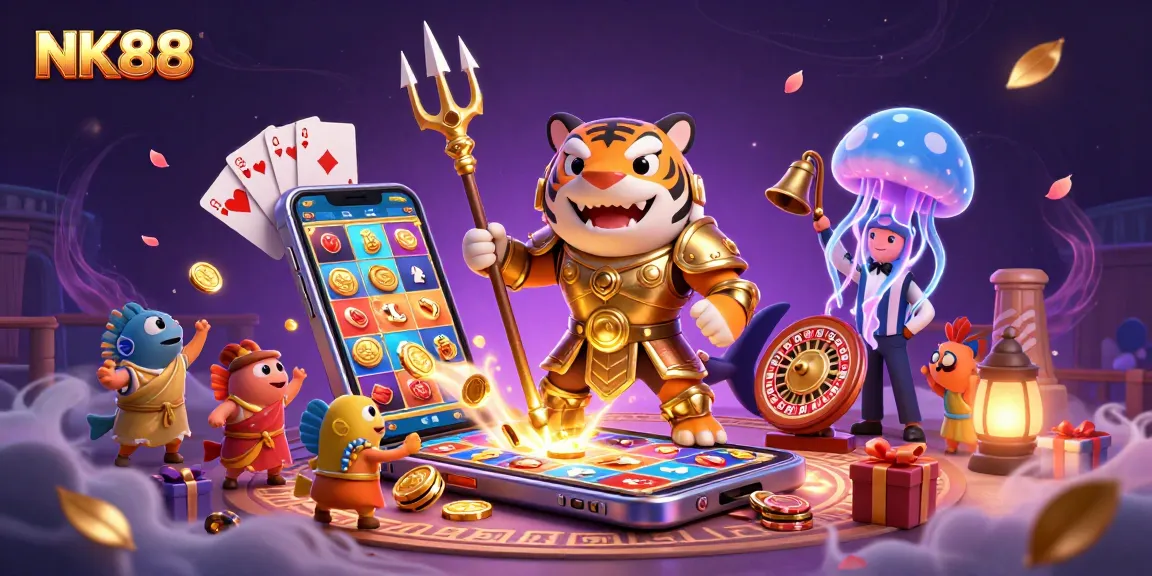 Navigating thrilling slots at NK88 with a fierce tiger shark leading the action in a vibrant underwater casino scene.