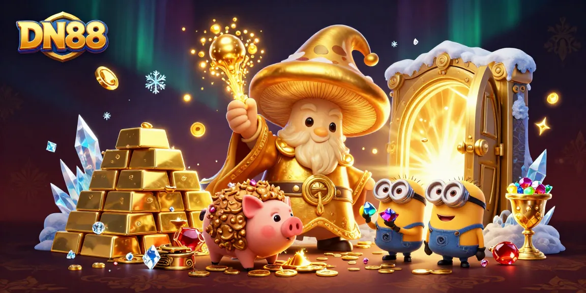 Spin and win at DN88 with magical treasures and vibrant casino elements surrounding characters.