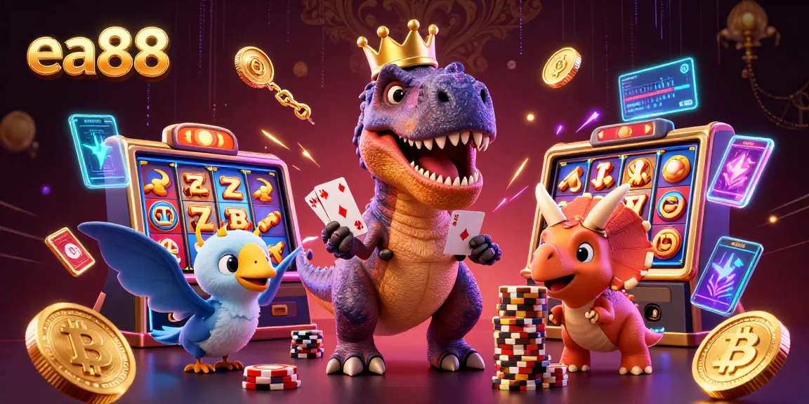 ea88 players enjoying a vibrant casino atmosphere with a T-Rex and friends shuffling cards and stacking chips
