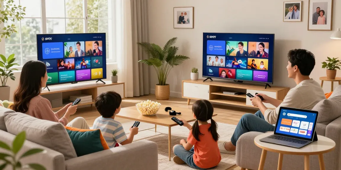 Family enjoying IPTV subscription content together in a cozy living room.