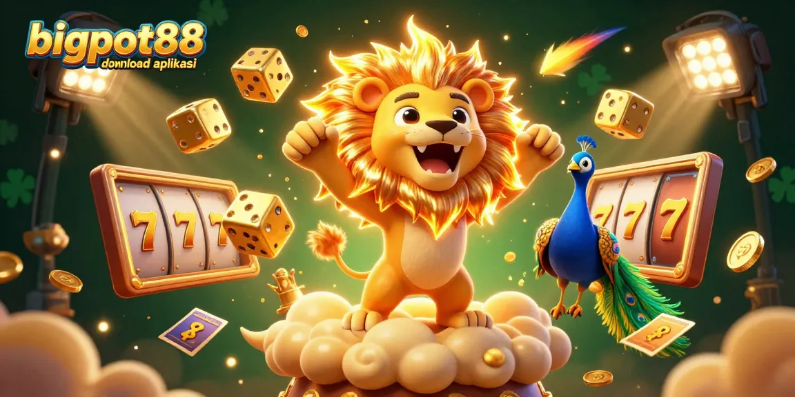 Engaging illustration showcasing the bigpot88 download aplikasi with a roaring lion, slot elements, and vibrant casino atmosphere.